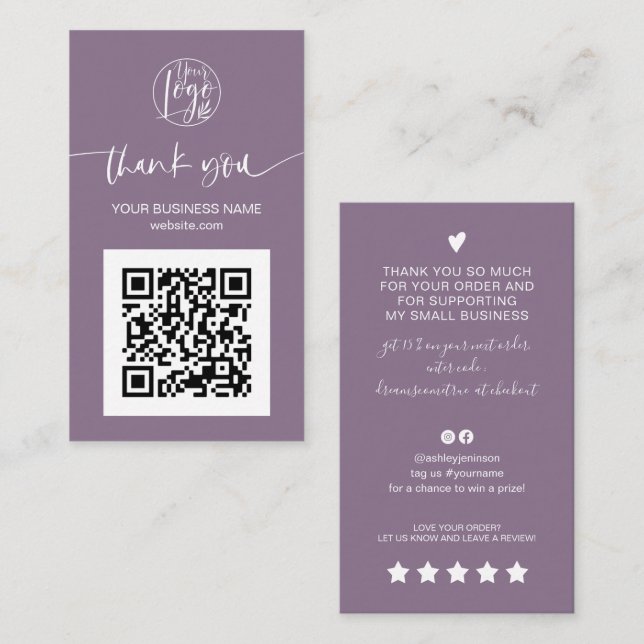 Cartão De Visita Script moderno Código QR obrigado de ordem roxa (Frente/Verso)