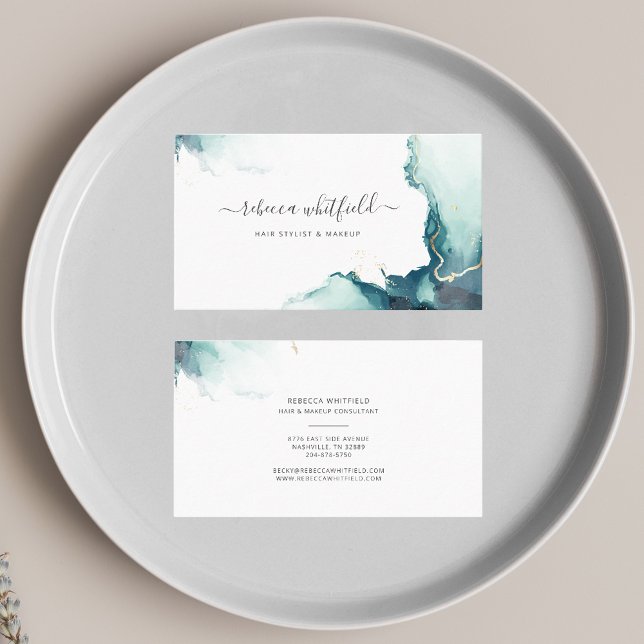 Cartão De Visita Script Moderno de Padrão de Agato de Marble Elegan (Emerald Agate Script Hair Stylist Business Card)