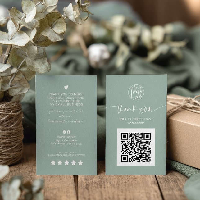Cartão De Visita Script moderno - obrigado de ordem verde do código (Modern script QR code sage green order thank you Business Card)