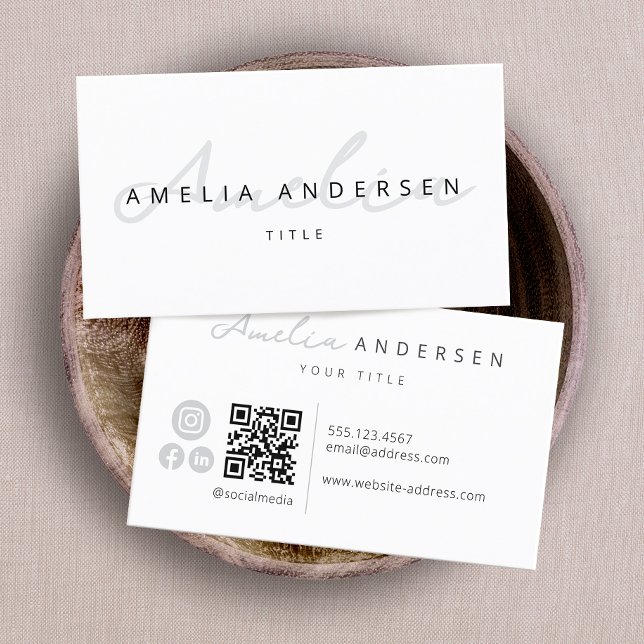 Cartão De Visita Script profissional branco moderno do código QR (Criador carregado)
