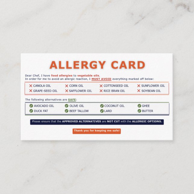 Cartão De Visita Seed Oil Allergy Card (Frente)