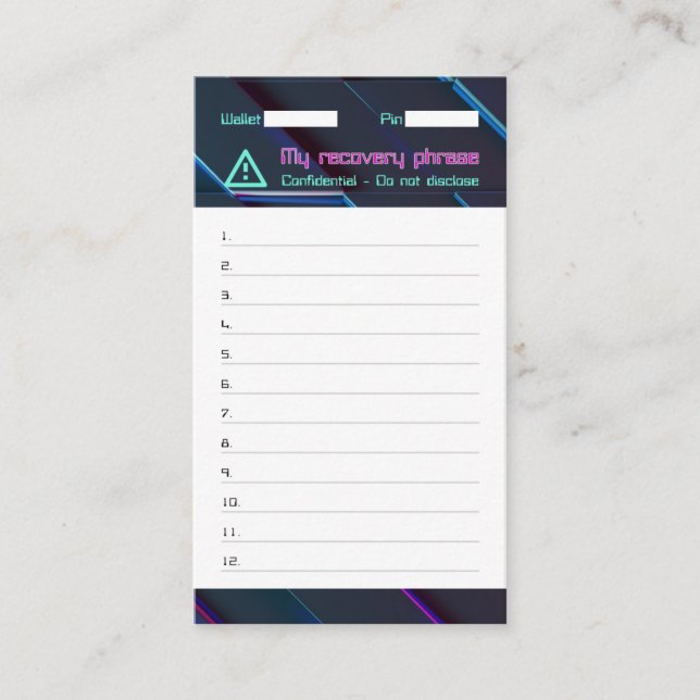 Cartão De Visita Semente de Recuperação de Senha de Carteira Crypto (Frente)