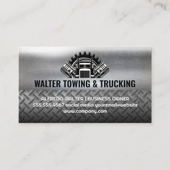 Cartão De Visita Semi Truck Pistons | Metálico de aço industrial (Frente)