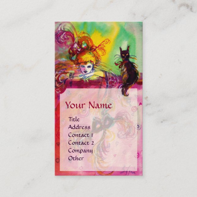 Cartão De Visita SENHORA COM GATO PRETO/Bola de Mascarada Veneza (Frente)