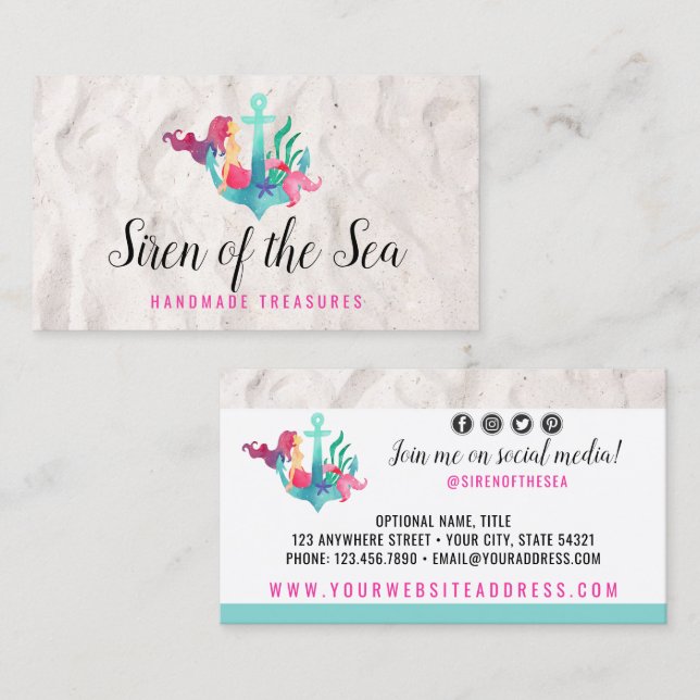 Cartão De Visita Sereia no Âncora Aquarela Náutica Mídia Social (Frente/Verso)