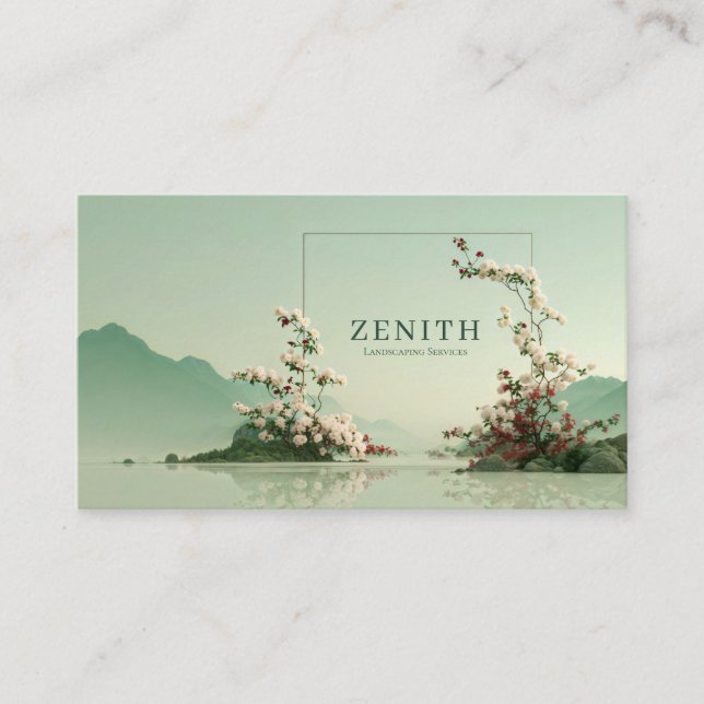 Cartão De Visita Serene Zen Mountain Lake White Floral Branches (Frente)