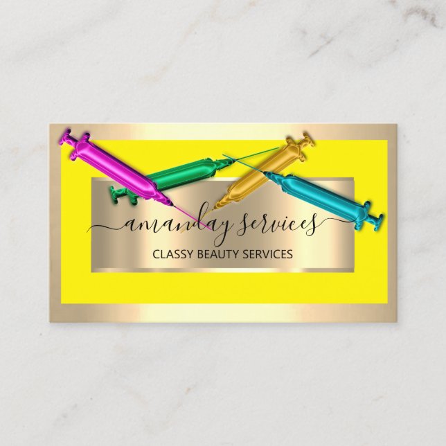 Cartão De Visita Seringa Cosmetologista Botox B12 QRCode Amarelo Do (Frente)