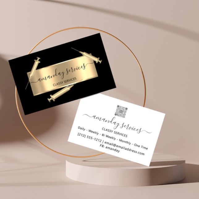 Cartão De Visita Seringa Cosmetologista Botox B12 QRCode Black (Cosmetologist Syringe Botox B12 QRCode Black Business Card)