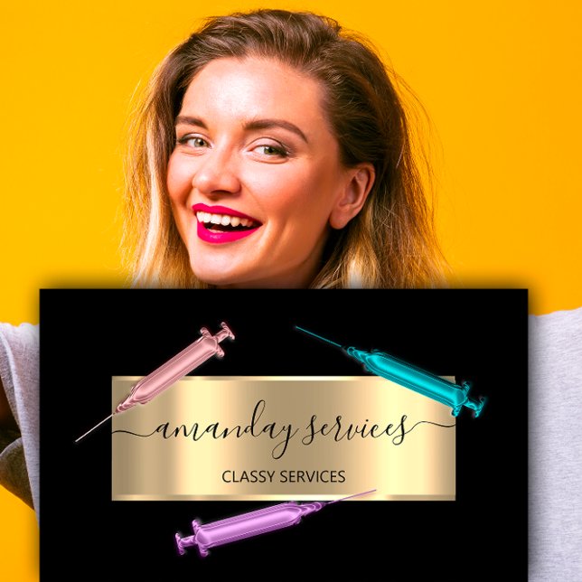 Cartão De Visita Seringa Cosmetologista Botox B12 QRCode Black Dour (Cosmetologist Syringe Botox B12 QRCode Black Gold Business Card)