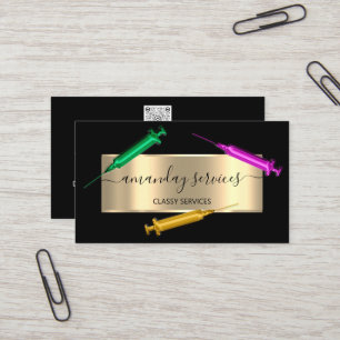 Cartão De Visita Seringa Cosmetologista Botox B12 QRCode Preto Rosa