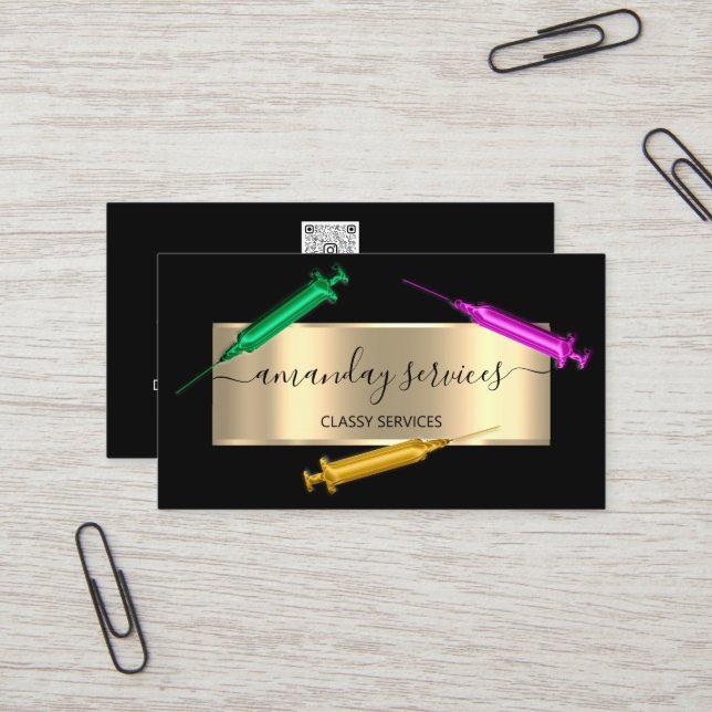 Cartão De Visita Seringa Cosmetologista Botox B12 QRCode Preto Rosa (Frente/Verso In Situ)