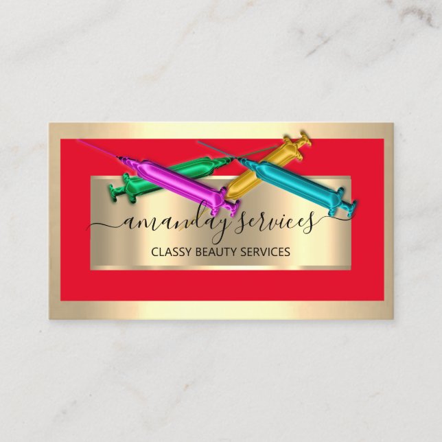 Cartão De Visita Seringa Cosmetologista Ouro vermelho QRCode Botox  (Frente)