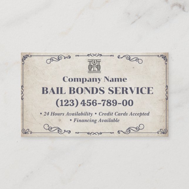 Cartão De Visita Serviço Bail Bonds | Vintage Clássica (Frente)