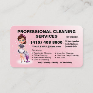 Cartão De Visita Serviço de Empregada Retro Rosa de Limpeza de Casa