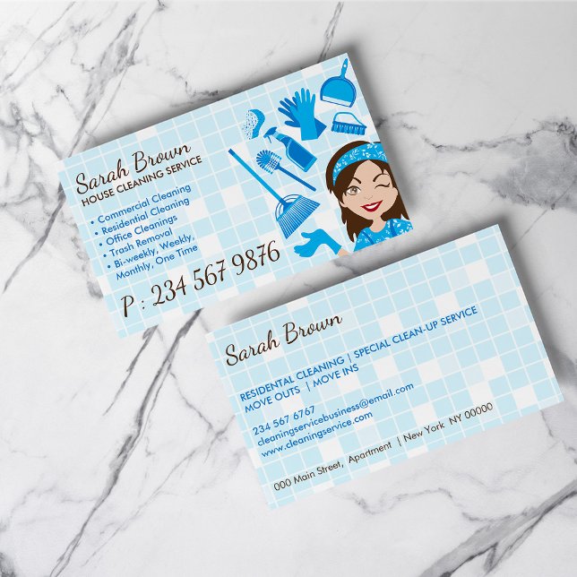 Cartão De Visita Serviço de Limpeza Azulejo Lavar as Mulheres Azuis (Cleaning Service Tile Wash Janitorial Blue Women Business Card)