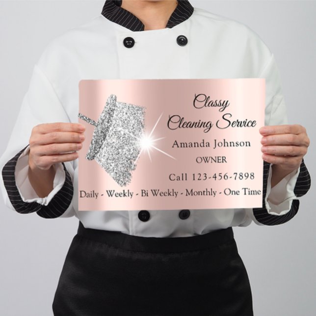 Cartão De Visita Serviço de Limpeza Clássica Cinza Rosa Silver Maid (Classy Cleaning Service Maid Rose Silver Gray Business Card)