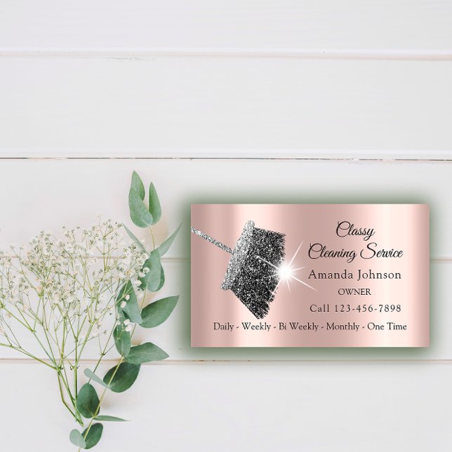 Cartão De Visita Serviço de Limpeza Clássica Cinza Silver Silver (Classy Cleaning Service Maid Gray Silver Rose Business Card)