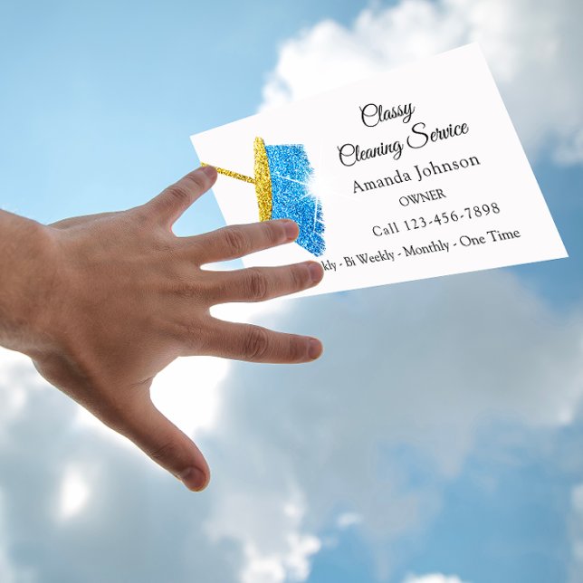Cartão De Visita Serviço de Limpeza Clássica Com Azul Dourado Espar (Classy Cleaning Service Maid Gold Blue Sparkly Business Card)