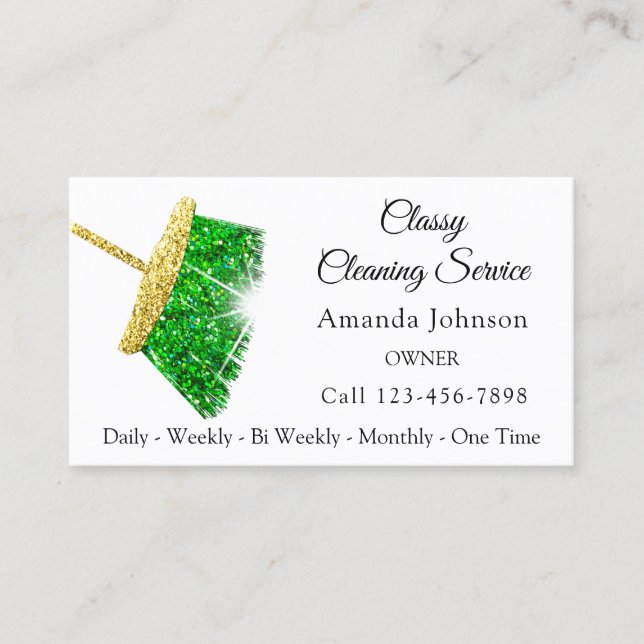 Cartão De Visita Serviço de Limpeza Clássica Com Dourado Verde Spar (Frente)
