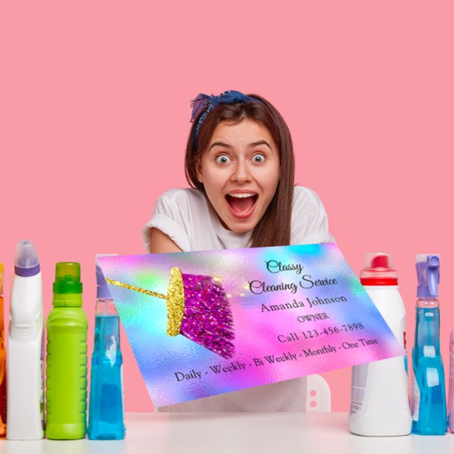 Cartão De Visita Serviço de Limpeza Clássica Maid Dourado Fuchsia R (Classy Cleaning Service Maid Gold Fuchsia Pink Business Card)