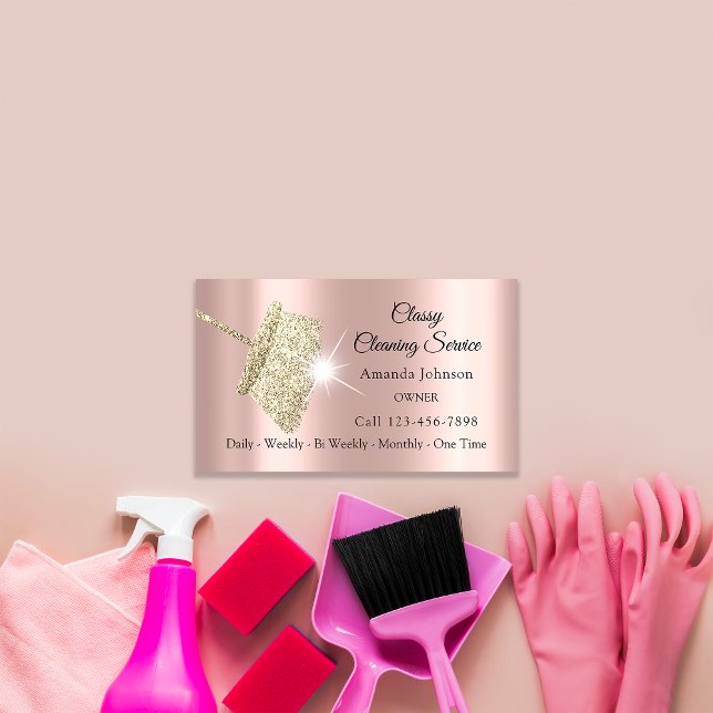 Cartão De Visita Serviço de Limpeza Clássica Maid Rosa Dourado Spar (Classy Cleaning Service Maid Rose Gold Spark Business Card)
