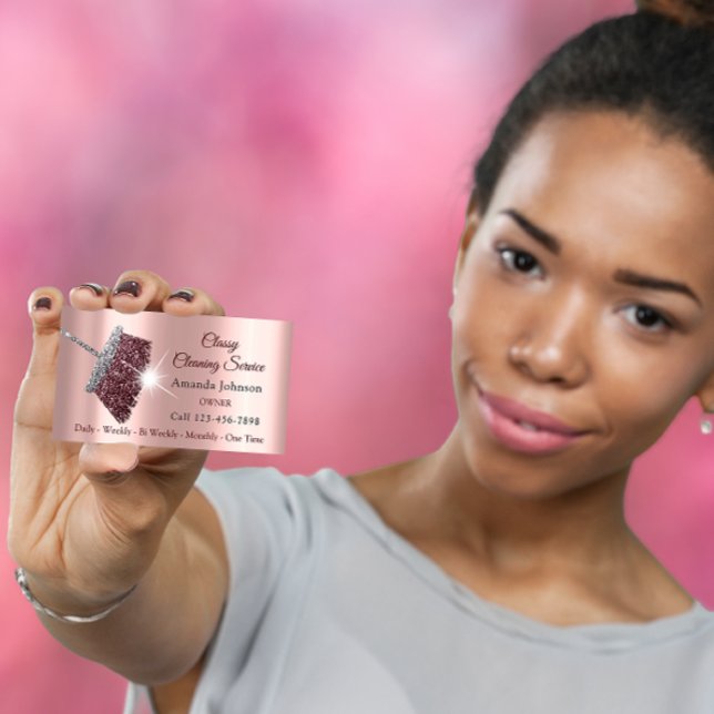 Cartão De Visita Serviço de Limpeza Clássica Maid Rosa Silver Pink (Classy Cleaning Service Maid Rose Silver Pink Business Card)