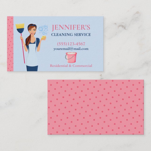 Cartão De Visita Serviço de Limpeza da Casa Maid bolinhas (Frente/Verso)