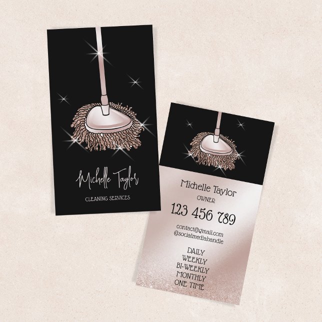 Cartão De Visita Serviço de Limpeza da Casa Rosa do Glitter Dourado (Criador carregado)