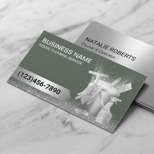Cartão De Visita Serviço de Limpeza da Casa Sage Green Silver Glitt