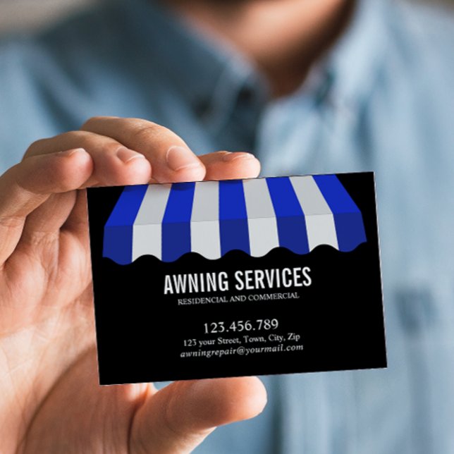 Cartão De Visita Serviço de Limpeza de Branco Azul (Eye-Catching Blue and White Striped Awning Business Card with full contact and list of services)