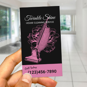 Cartão De Visita Serviço de Limpeza de Casa Aspirador Floral Retro