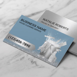 Cartão De Visita Serviço de Limpeza de Casa Dusty Blue Silver Glitt