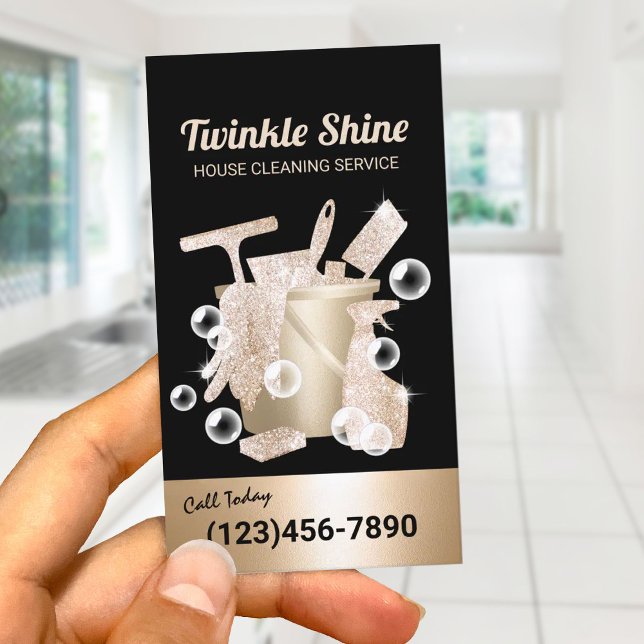 Cartão De Visita Serviço de Limpeza de Casa Moderna e Dourada (Criador carregado)
