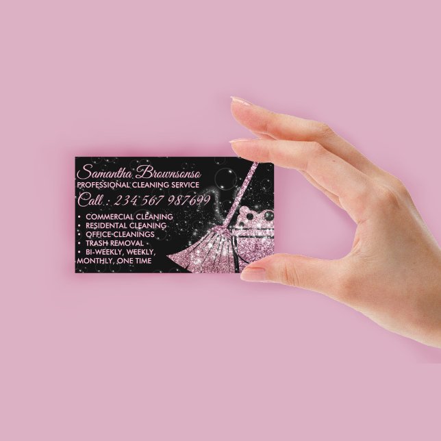 Cartão De Visita Serviço de Limpeza de Luxo Rosa Negro Maid Janitor (Black Pink Luxury Cleaning Service Maid Janitorial Business Card)