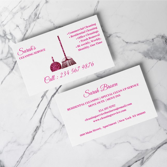 Cartão De Visita Serviço de Limpeza Frente-Rosa Janitorial Trendy (Cleaning Service Janitorial pink sparkle Trendy Business Card)