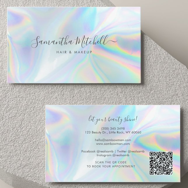 Cartão De Visita Serviço de Limpeza Holográfica do Código QR de Scr (Modern Holographic Script Hair Stylist Business Card)