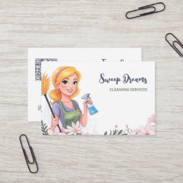 Cartão De Visita Serviço de Limpeza Maid Floral QR