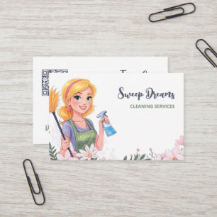 Cartão De Visita Serviço de Limpeza Maid Floral QR