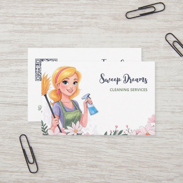 Cartão De Visita Serviço de Limpeza Maid Floral QR (Frente/Verso In Situ)