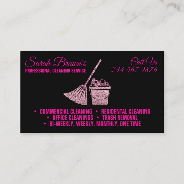 Cartão De Visita Serviço de Limpeza Maid Janitorial negro cinza (Frente)