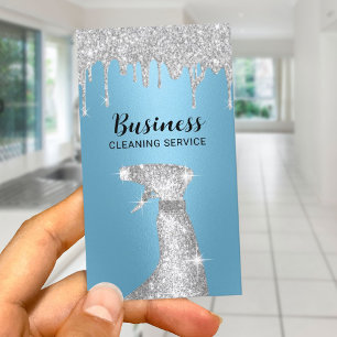 Cartão De Visita Serviço de Limpeza Moderna Silver Drips Maid Azul 