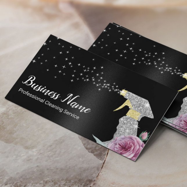 Cartão De Visita Serviço de Limpeza Moderna Silver Spray Black (Criador carregado)