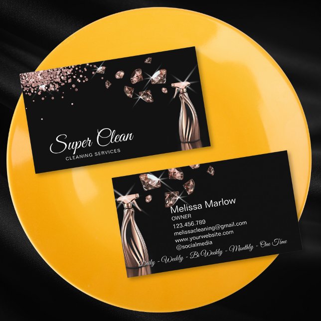 Cartão De Visita Serviço de limpeza profissional doméstico (rose gold house cleaning spray bottle with diamonds)