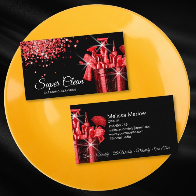 Cartão De Visita Serviço de limpeza profissional doméstico (red glitter and shiny cleaning tools in a bucket)
