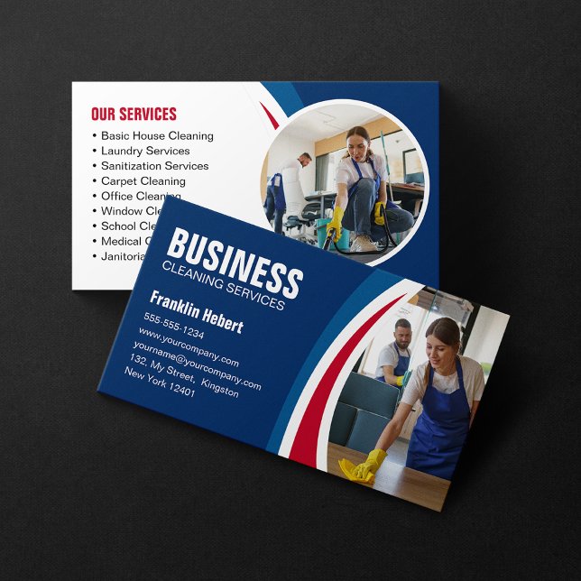Cartão De Visita Serviço Maid de Limpeza de Casa Azul e Vermelha (Criador carregado)