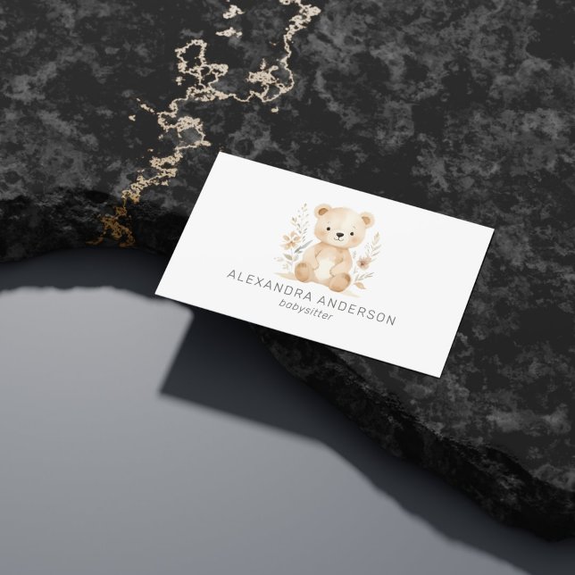 Cartão De Visita Serviço Secundário do Urso Floral de Cubo (Cute Boho Floral Bear Watercolor Child Service Business Card)