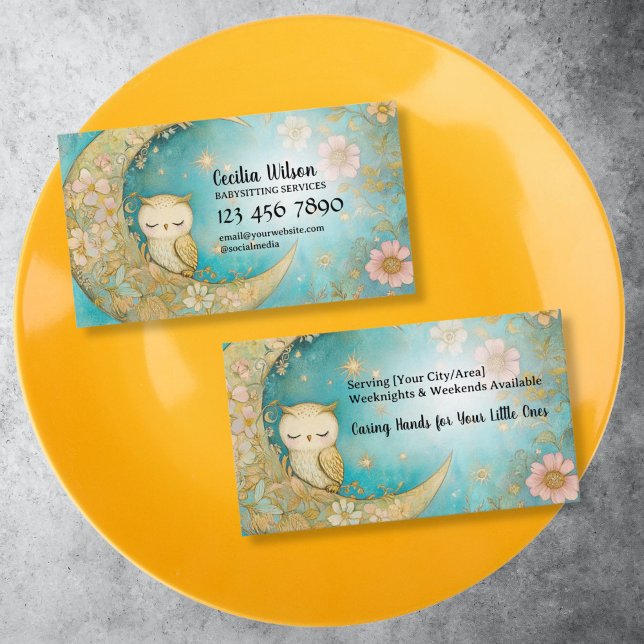 Cartão De Visita Serviços de Babysitter, Babysitting, babá, puericu (cute little owl babysitter business card, pastel blue)