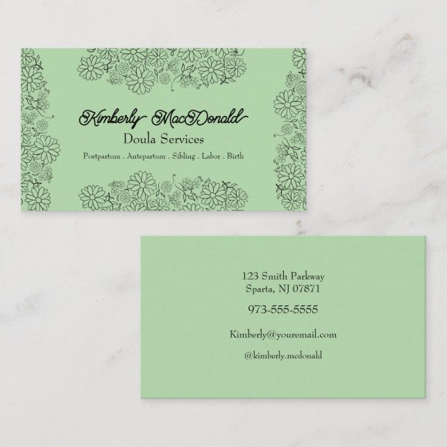 Cartão De Visita Serviços de doula de script Sage Green (Frente/Verso)