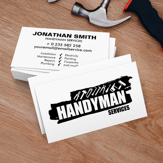 Cartão De Visita Serviços de Handyman simples, preto e branco (Criador carregado)