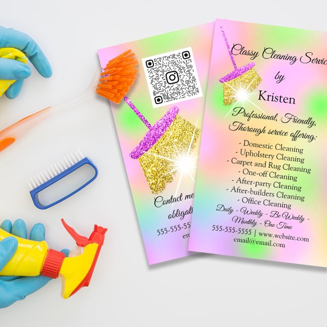 Cartão De Visita Serviços de limpeza Casa Mantendo o grupo de logot (Cleaning Services Holograph QR CODE PINK GOLD FLORENCEK)
